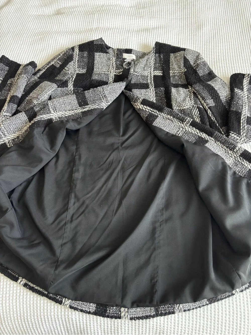 Chico's Black and White Tweed Plaid Button Jacket